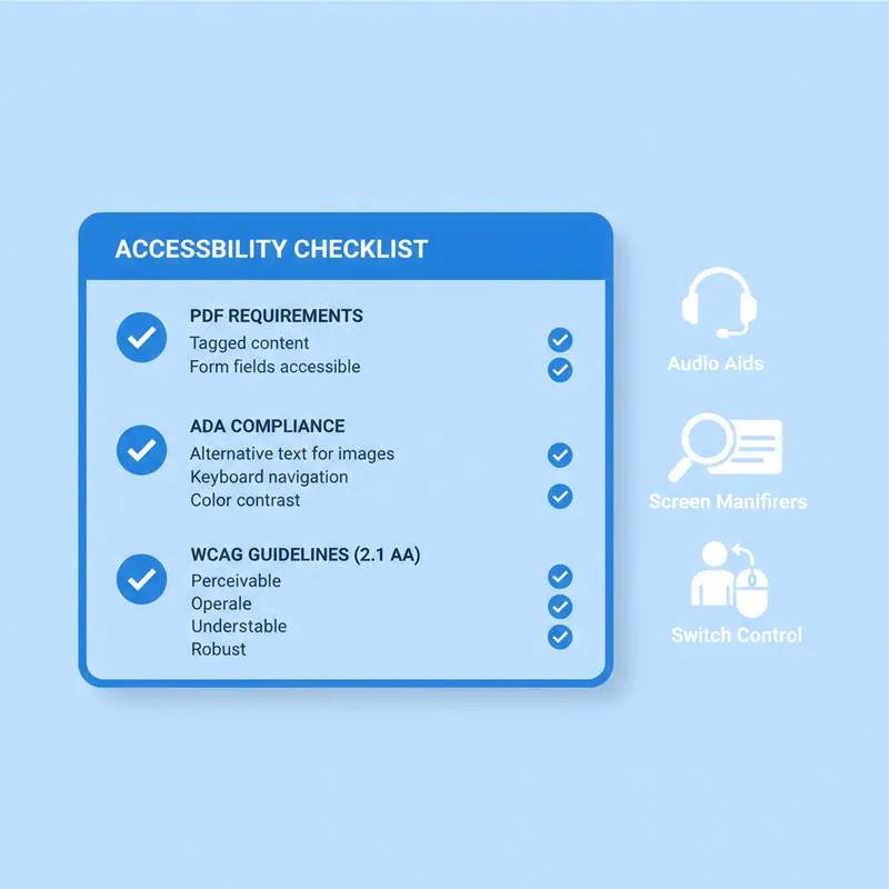 Illustration of an accessibility checklist with checkmarks for PDF ADA and WCAG requirements