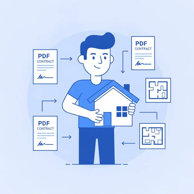 Illustration of a real estate agent managing property documents and PDF contracts