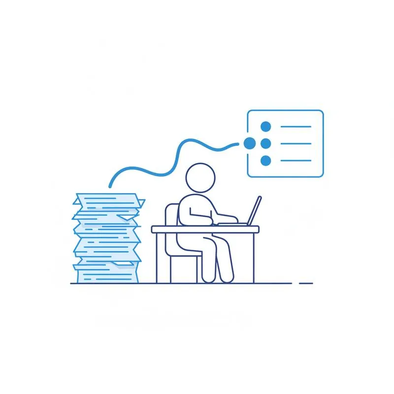 Illustration of a student with research papers being summarized into bullet points