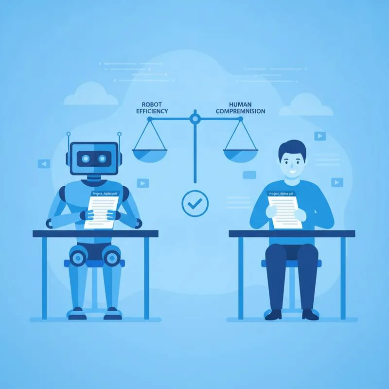 Illustration of a robot and a person reading the same PDF on opposite sides of a scale