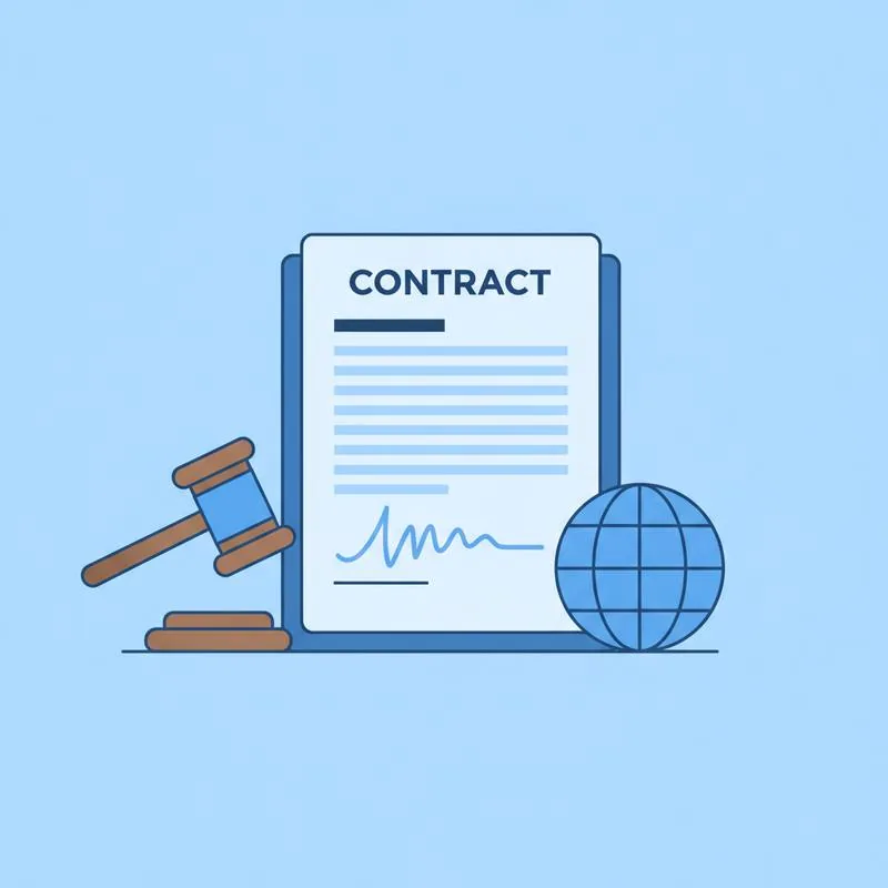 Illustration of an electronic signature on a contract with a gavel and globe icons