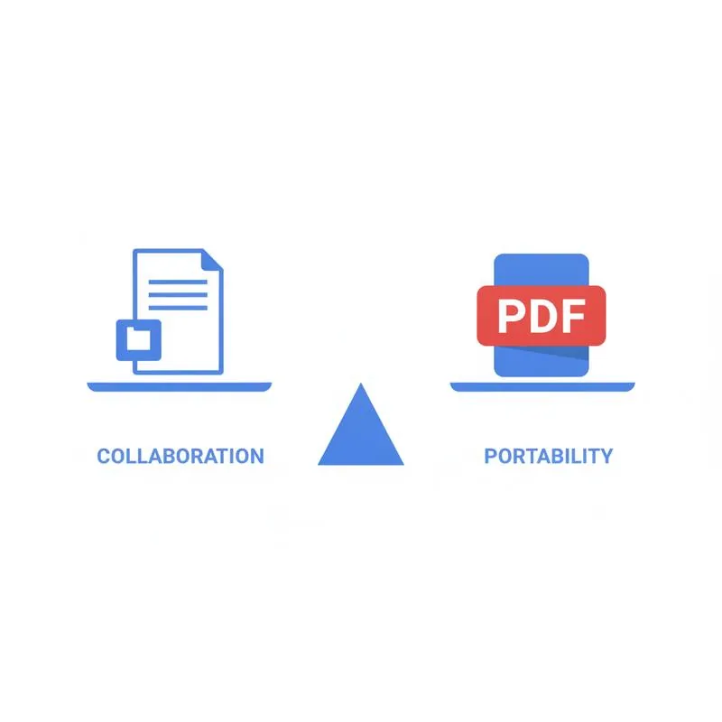 Illustration of Google Docs and a PDF icon on a decision scale comparing collaboration vs portability
