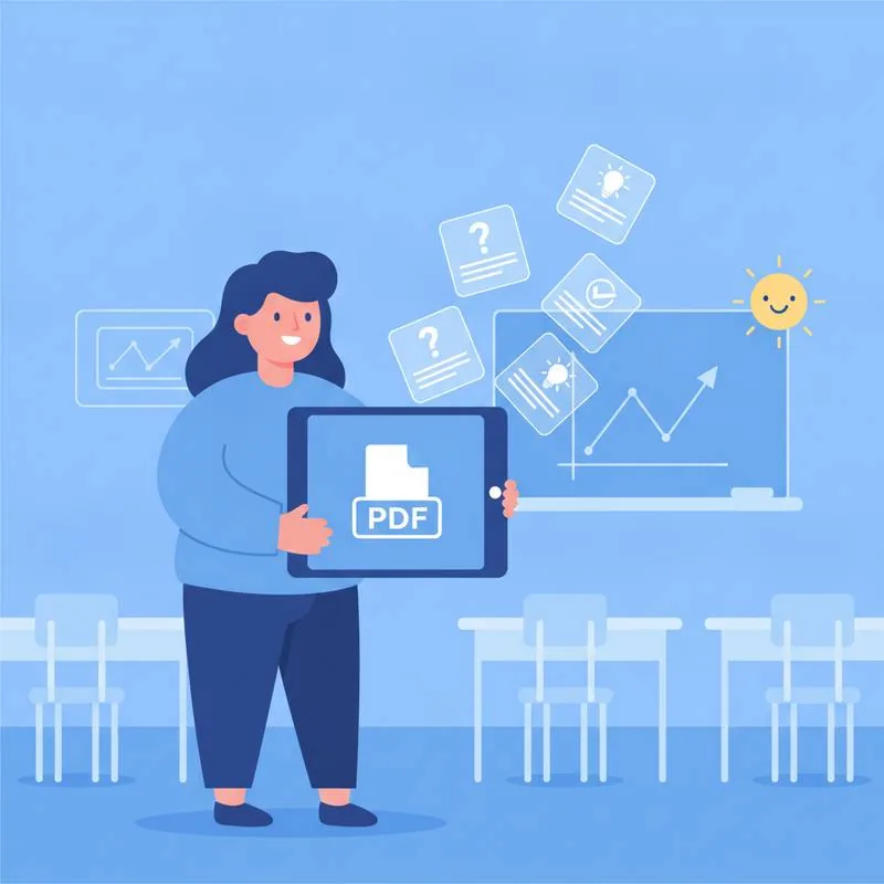 Illustration of a teacher with a PDF generating quiz question cards automatically