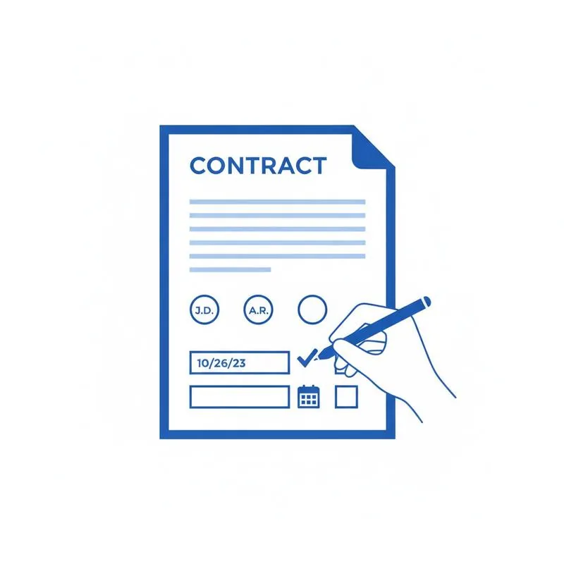 Illustration of a contract PDF being filled with initials, dates and checkboxes