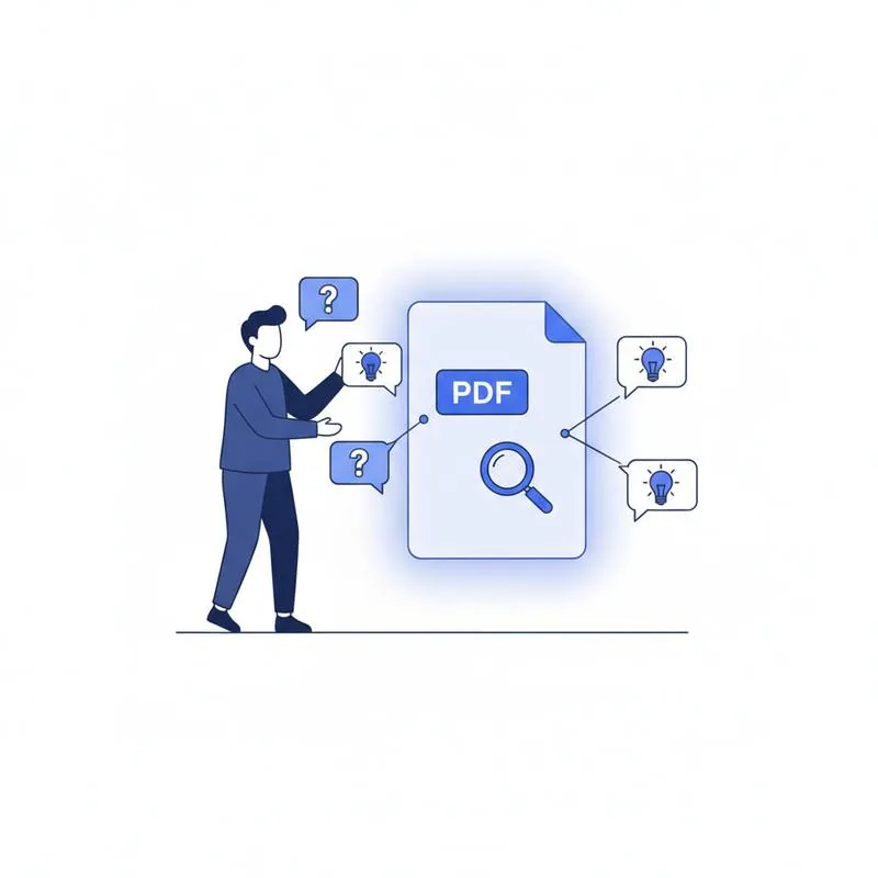 Illustration of a person chatting with a glowing PDF document with speech bubbles