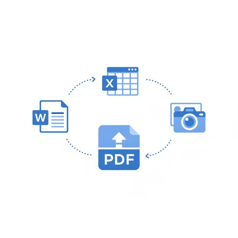Illustration of a Word doc, Excel sheet and photos being combined into one PDF