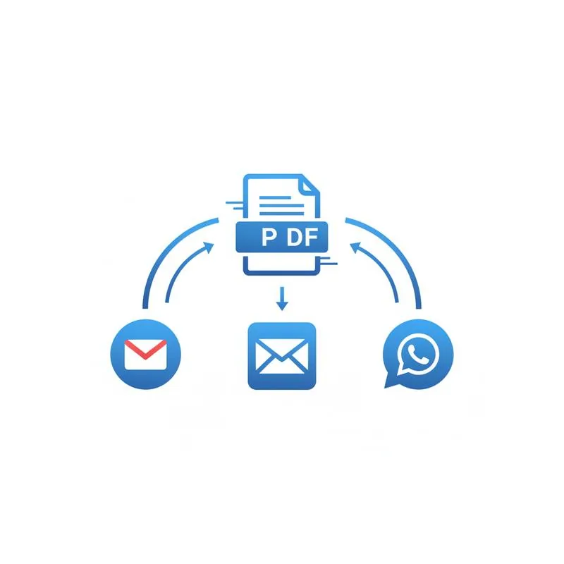 Illustration of a compressed PDF being sent to Gmail, Outlook and WhatsApp simultaneously