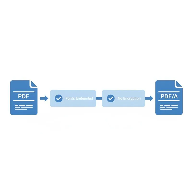 Illustration of a PDF going through a conversion pipeline into the archival PDF/A format