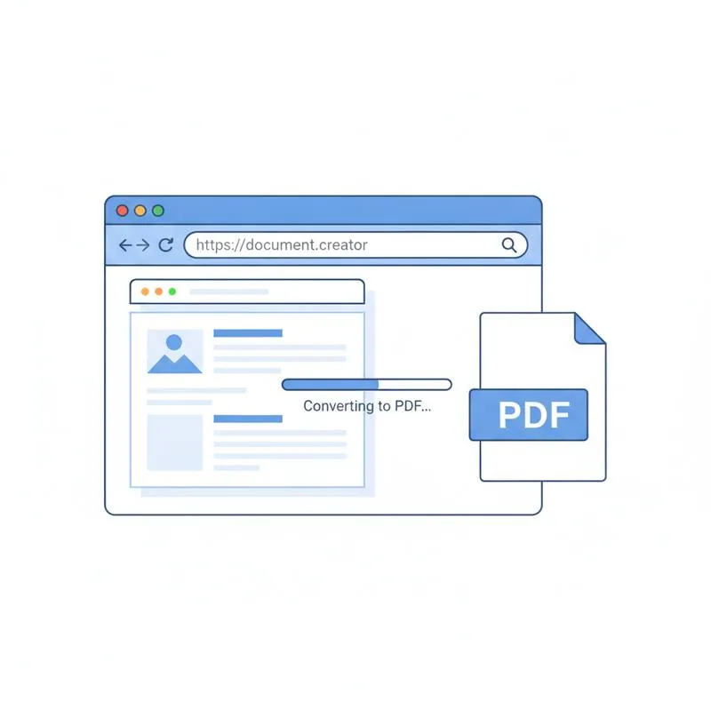 Illustration of a browser window with a webpage converting into a formatted PDF