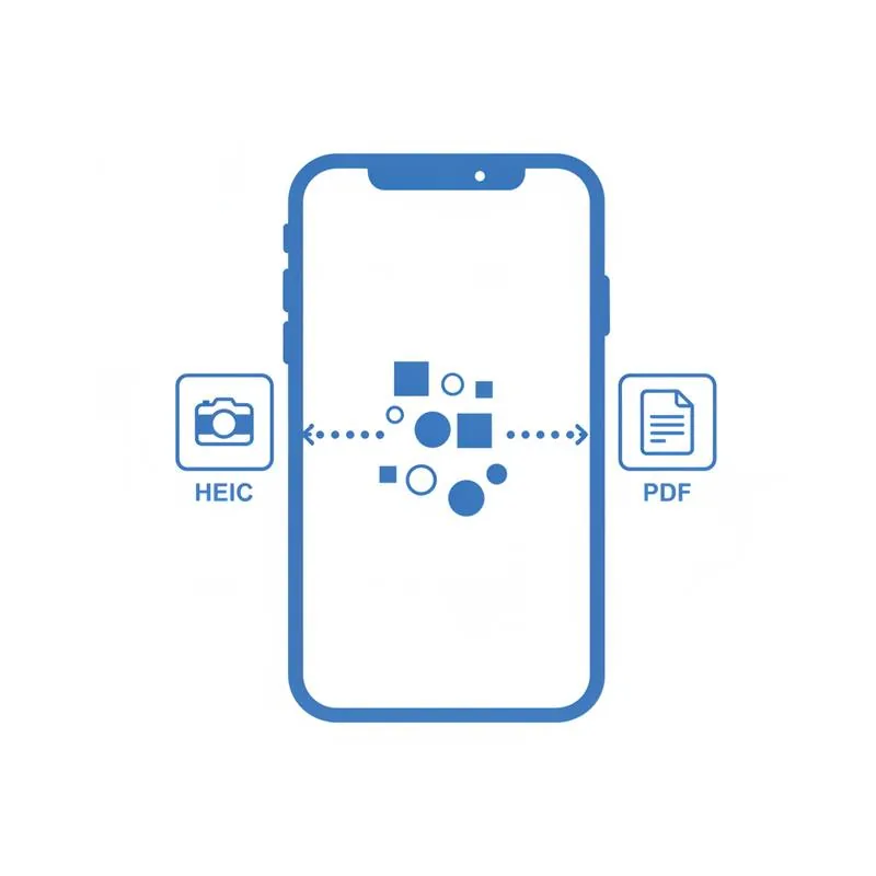 Illustration of an iPhone HEIC photo transforming into a PDF document