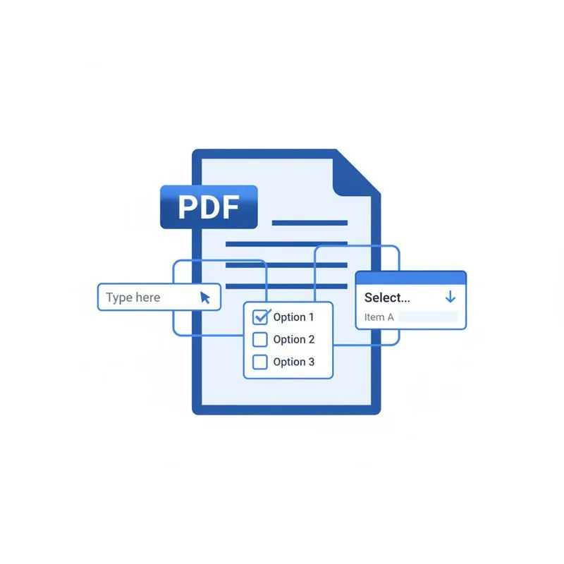 Illustration of a flat PDF document growing interactive fields and checkboxes