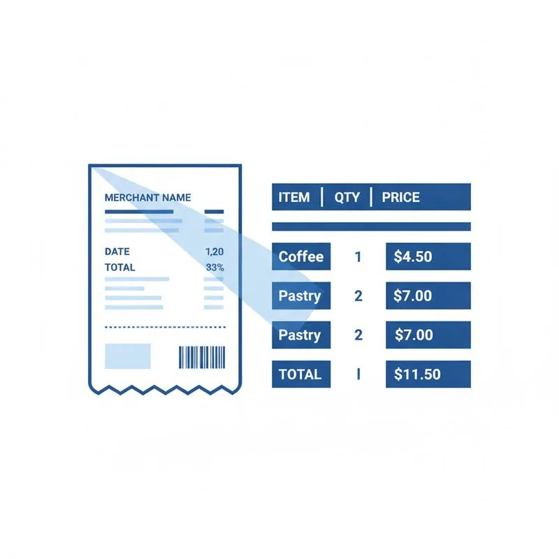 Illustration of a receipt being scanned and text extracted as structured data