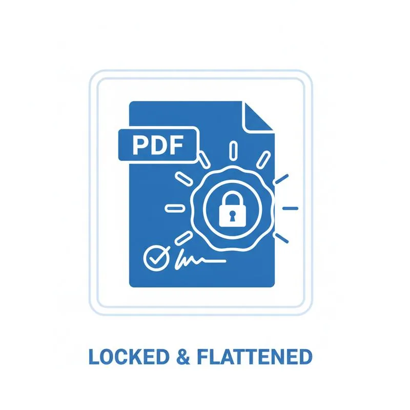 Illustration of a signed PDF being flattened and locked with a permanent seal