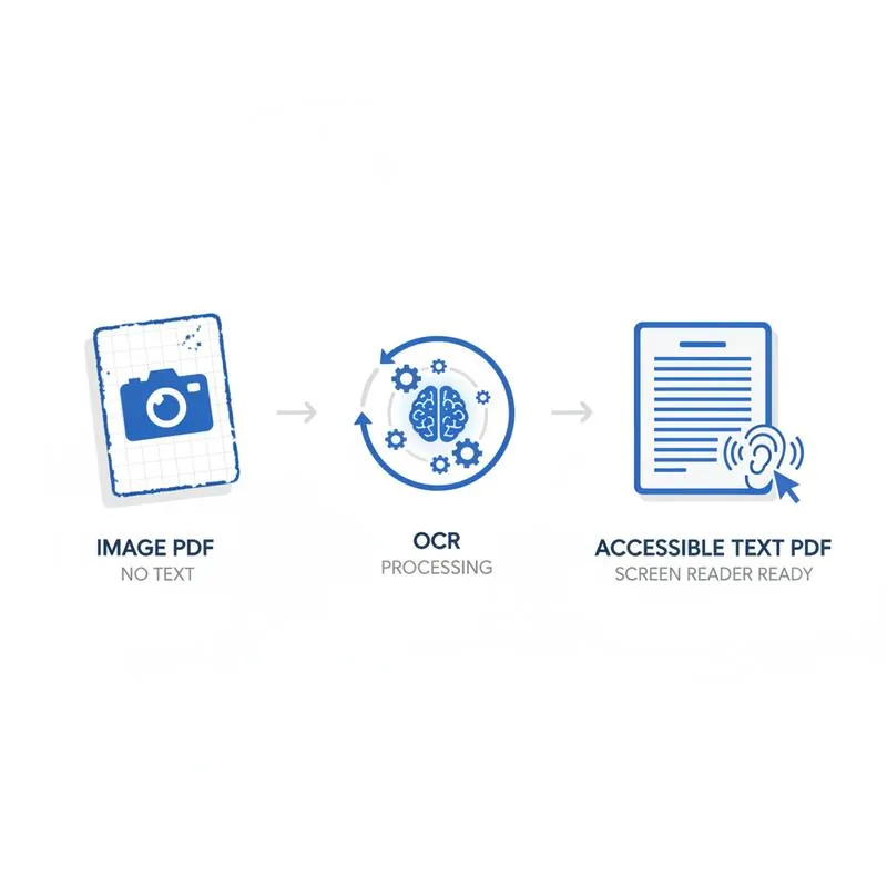 Illustration of a scanned PDF being OCR-processed into a screen-reader-accessible document
