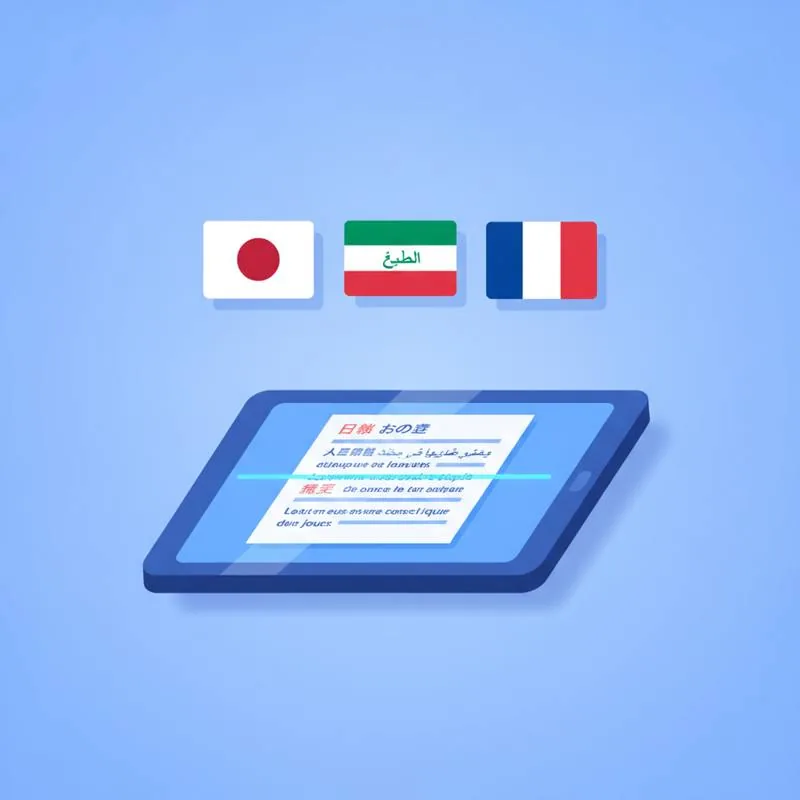 Illustration of OCR scanning a multilingual document with language flags