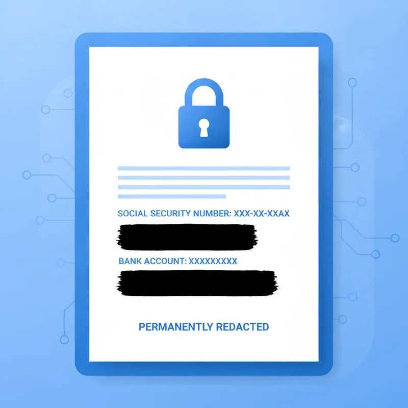 Illustration of Social Security numbers and bank details permanently redacted with black bars