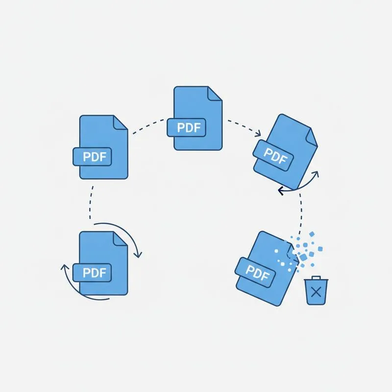 Illustration of PDF pages being dragged to reorder, rotated, and deleted