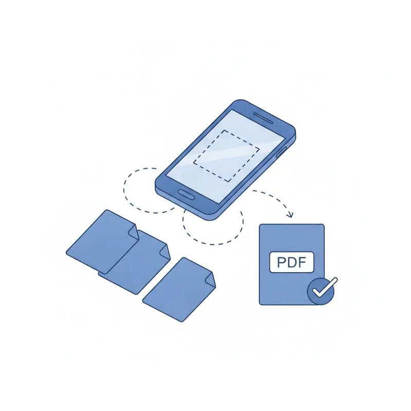 Illustration of a smartphone scanning a paper document and combining pages into one PDF