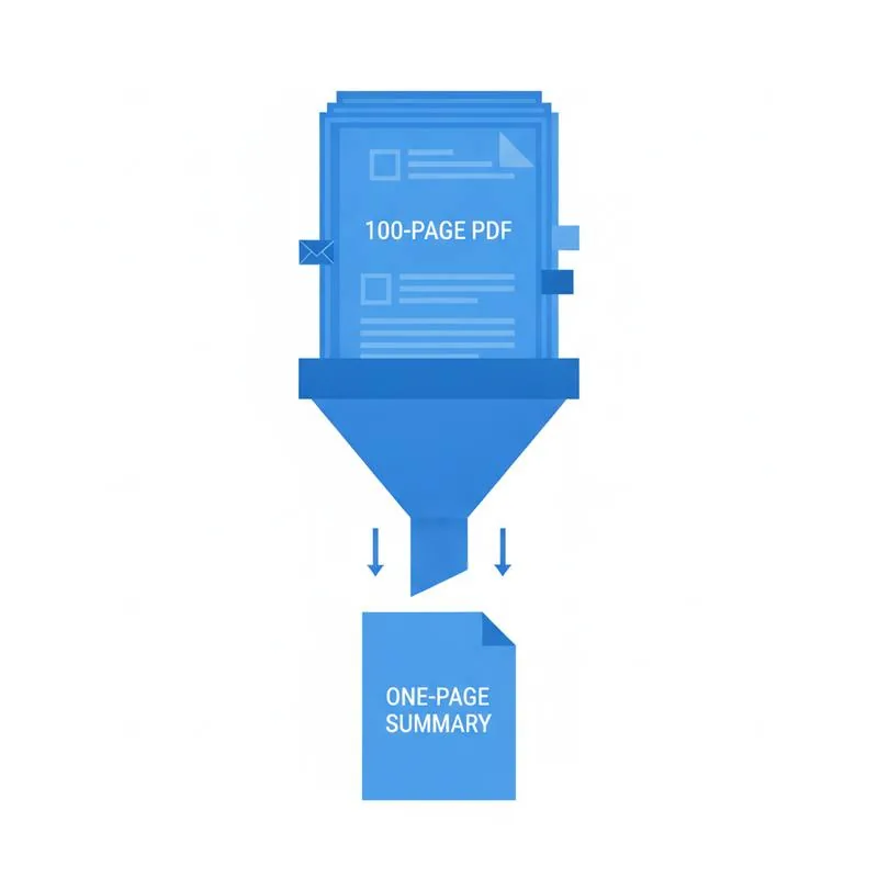 Illustration of a large PDF document being distilled through a funnel into a one-page summary