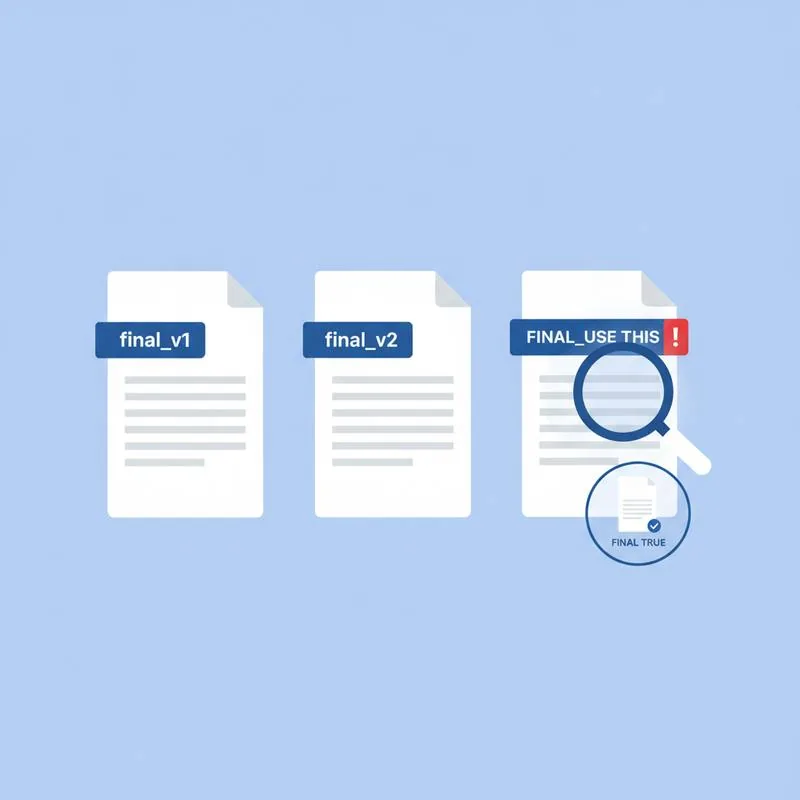 Illustration of multiple PDF versions with confusing names and a magnifying glass finding the final one