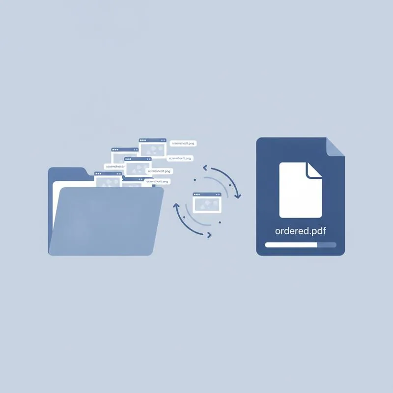 Illustration of a folder of screenshots being combined into a single ordered PDF