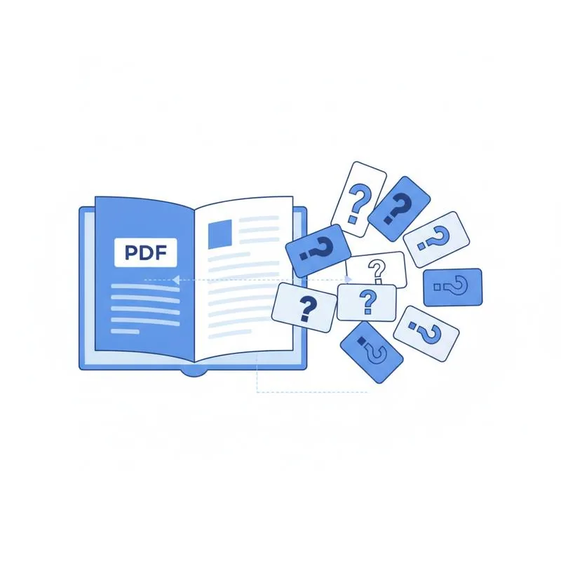 Illustration of a PDF textbook being converted into quiz flashcards