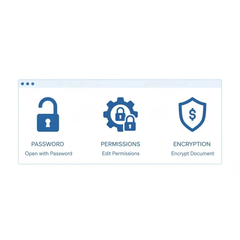 Illustration of three PDF security options: open lock, permissions lock, and encryption shield