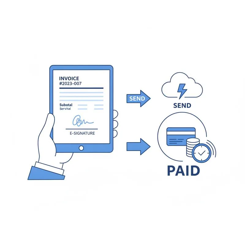 Illustration of a freelancer sending an invoice PDF with an e-signature to get paid