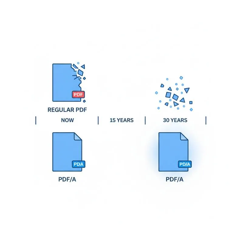 Illustration of a regular PDF decaying over time versus a PDF/A staying intact for decades