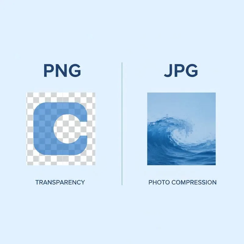 Illustration comparing PNG transparency versus JPG photo compression