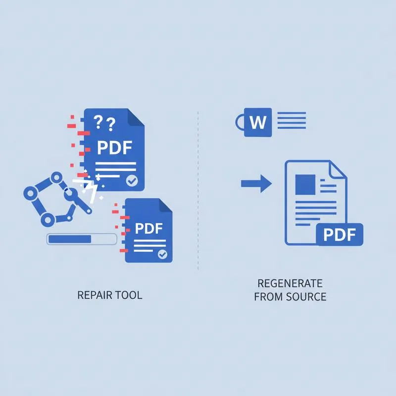 Illustration of a corrupted PDF being repaired versus being regenerated from a source Word file