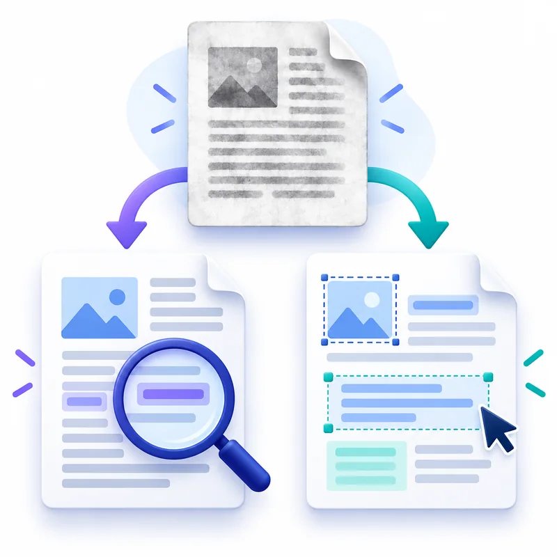 Scanned page branching into a searchable PDF and an editable document