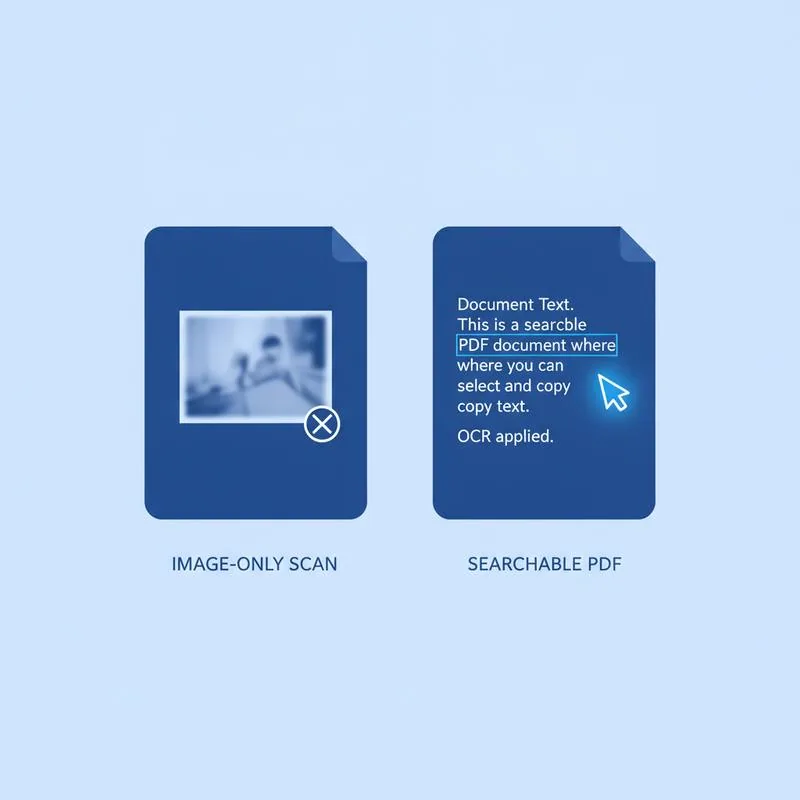Illustration of an image-only PDF versus a searchable PDF with a text cursor selecting words
