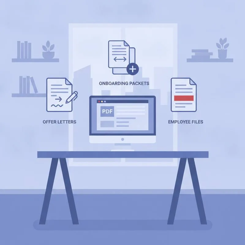 Illustration of an HR office using PDF tools for offer letters, onboarding packets and employee files