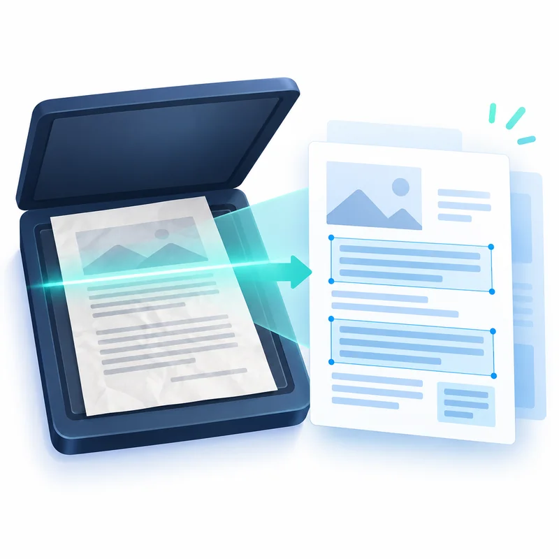 Scanner turning a paper document into searchable text blocks