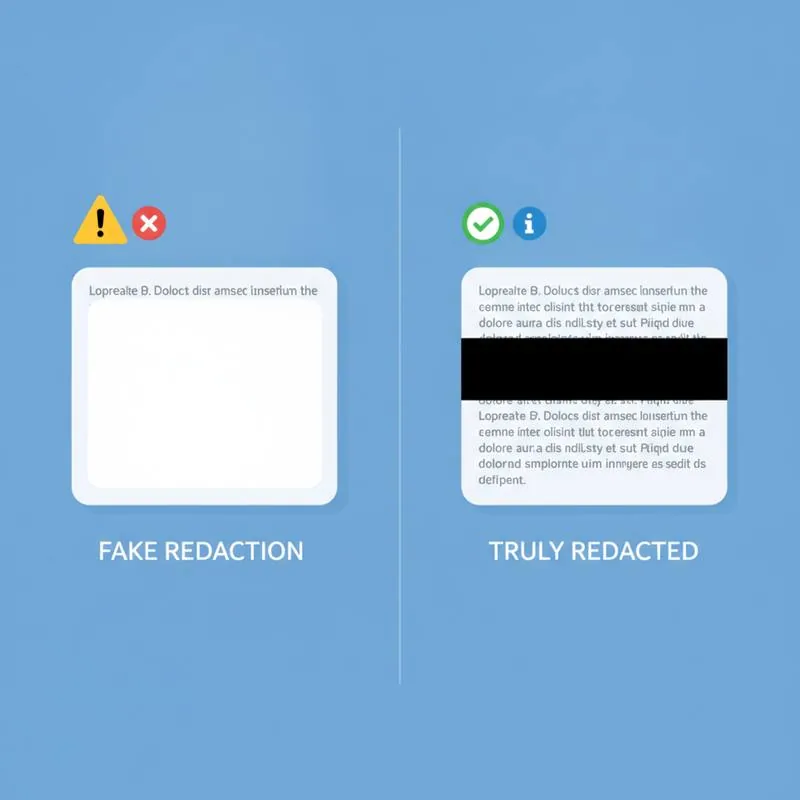 Illustration comparing a fake white-box text cover versus true black-bar PDF redaction