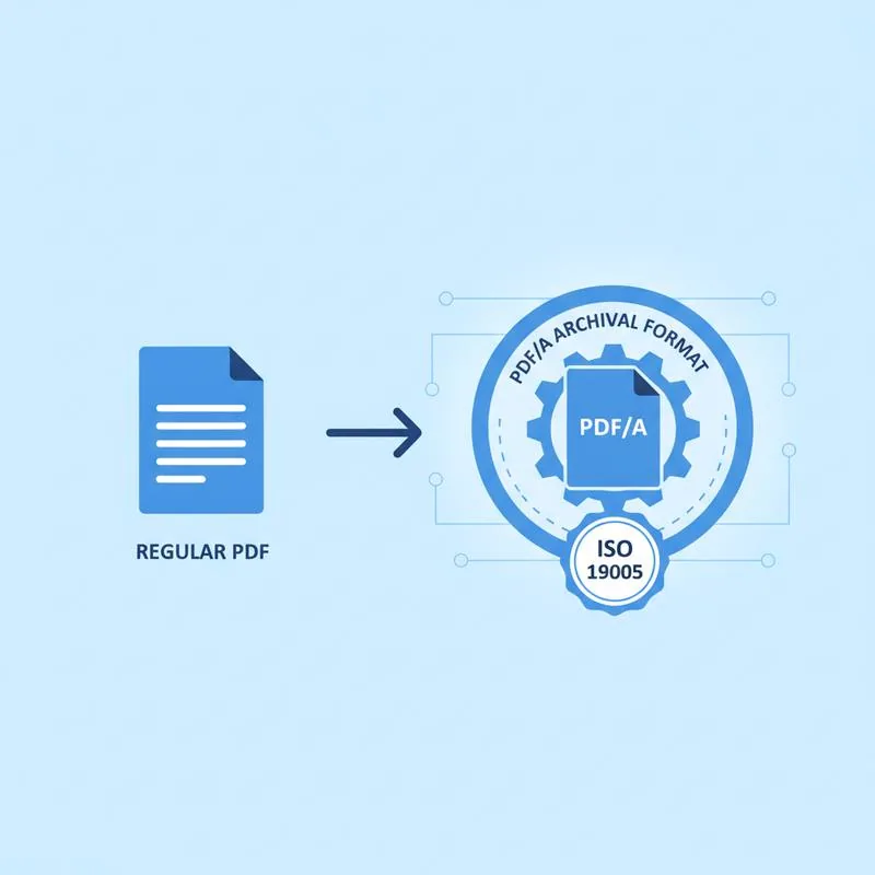 Illustration of a regular PDF being sealed into a PDF/A archival format with an ISO badge