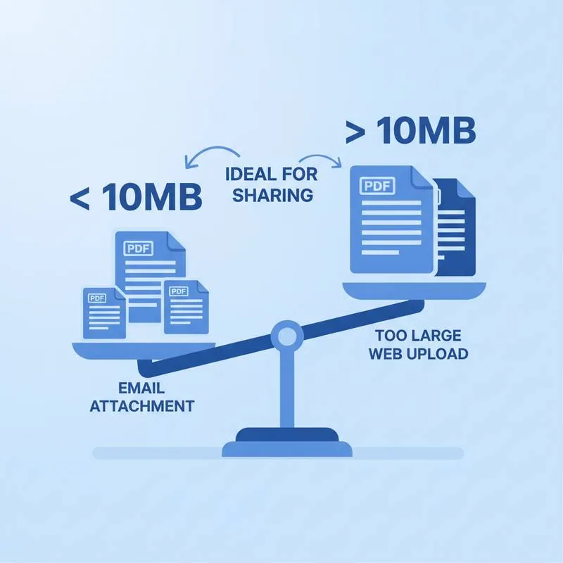 Illustration of PDF files of different sizes on a scale showing ideal email and web sizes