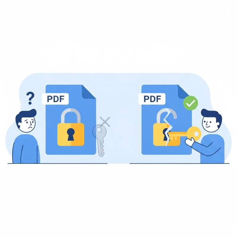 Illustration of a person looking at a locked PDF then unlocking it