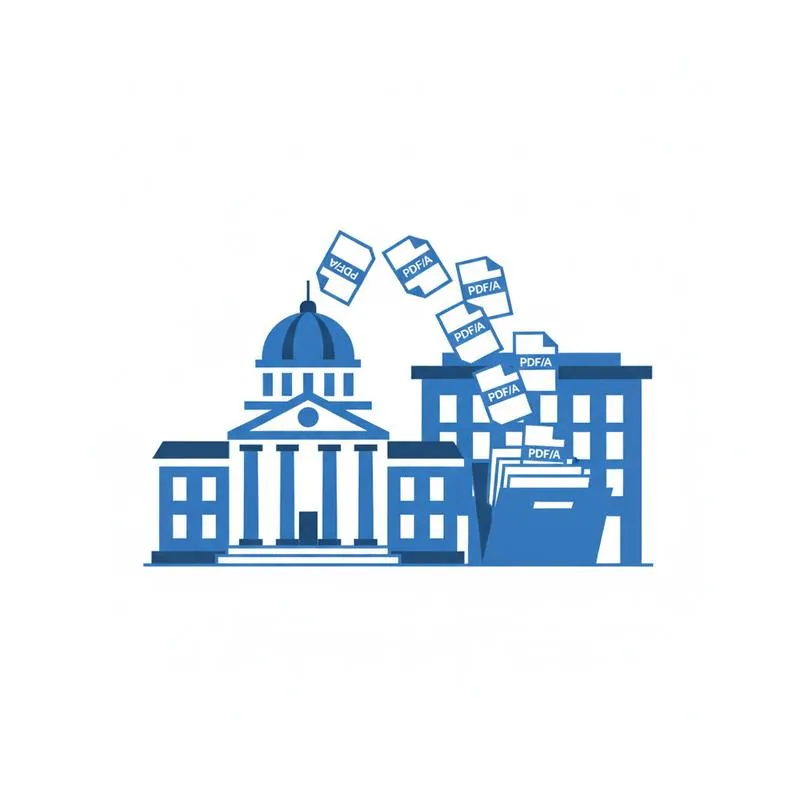 Illustration of a courthouse and government building with PDF/A documents being filed