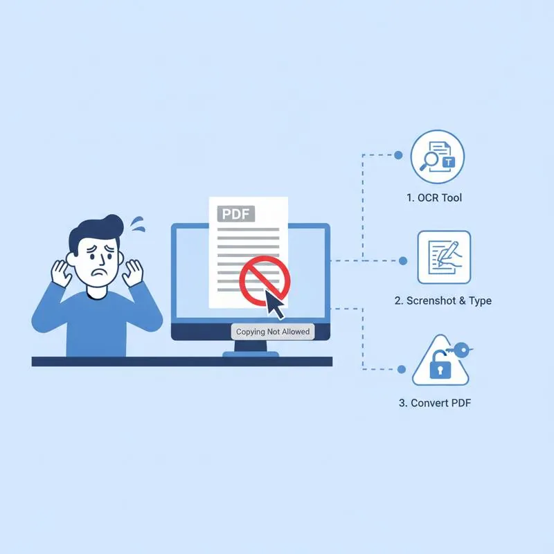 Illustration of a person unable to copy text from a PDF with three different fix paths