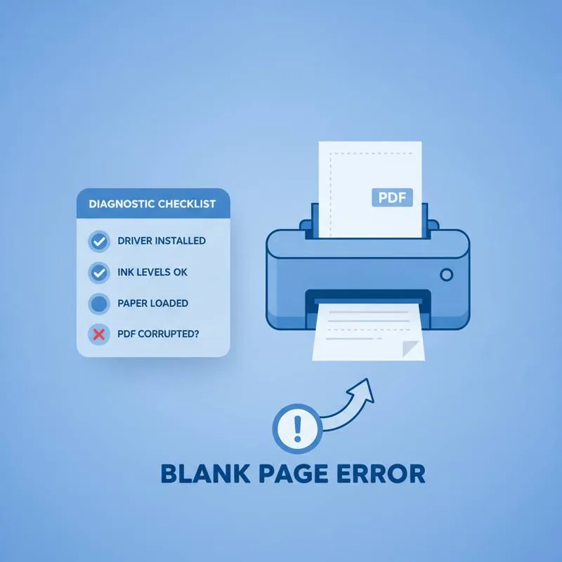 Illustration of a printer outputting a blank page from a PDF with a diagnostic checklist