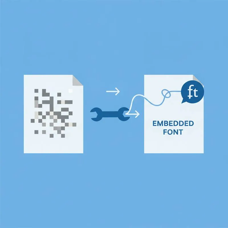 Illustration of PDF text showing as garbled boxes being fixed by embedding the missing font