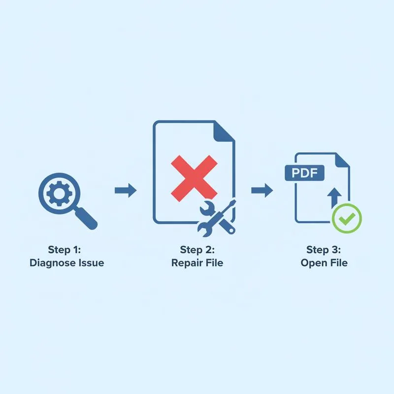 Illustration of a PDF with a red error icon being diagnosed and fixed step by step