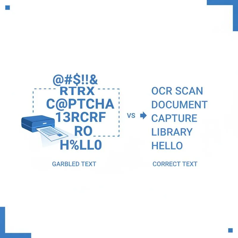 Illustration of OCR scanning a document producing wrong letters versus correct text
