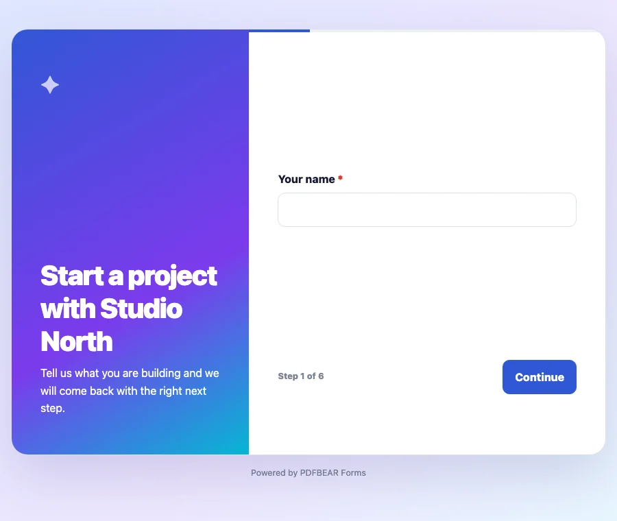 A published PDFBEAR conversational form showing one focused question and progress