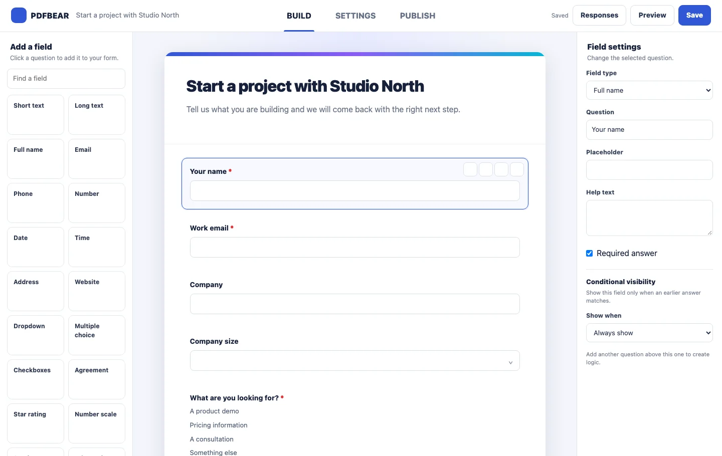 PDFBEAR form builder with field palette, live form canvas and question settings