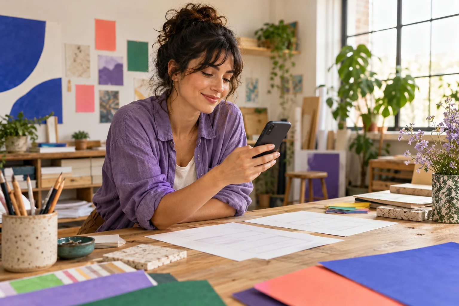 A creative business owner sharing a form from her phone in a bright studio