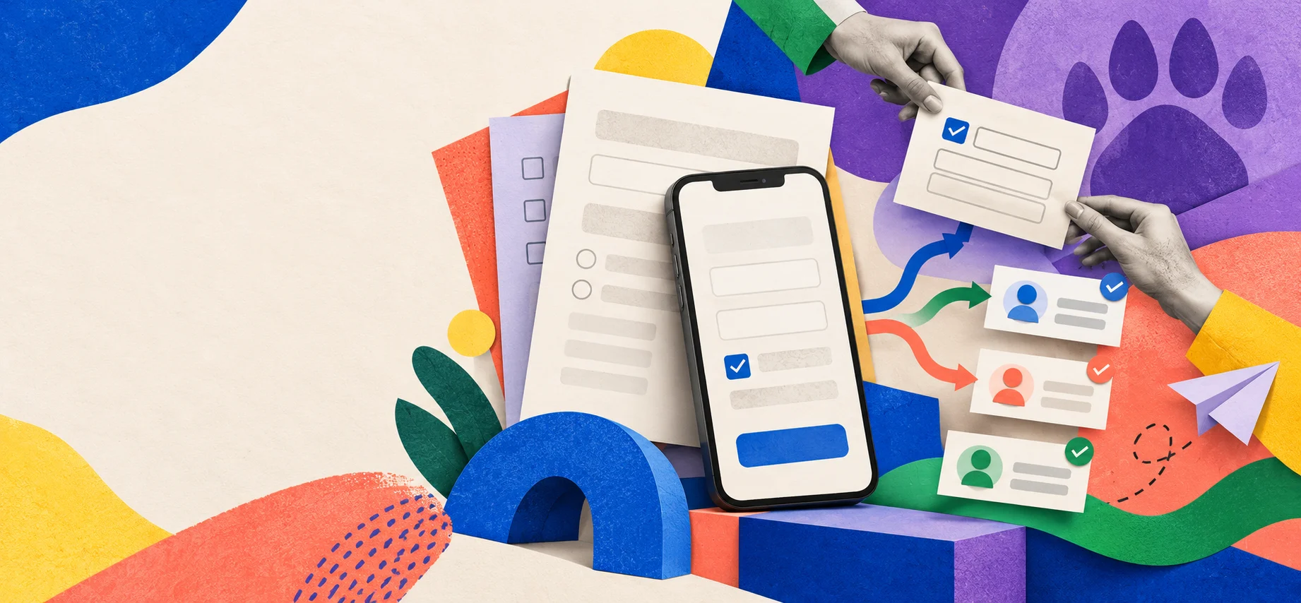 Layered forms and a phone arranged as a colorful PDFBEAR paper collage
