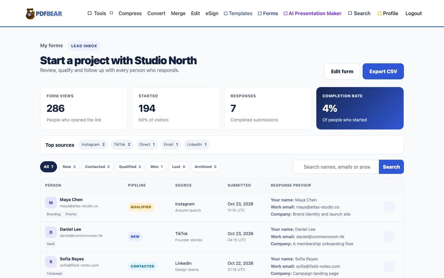 PDFBEAR lead inbox with conversion analytics, traffic sources and lead pipeline